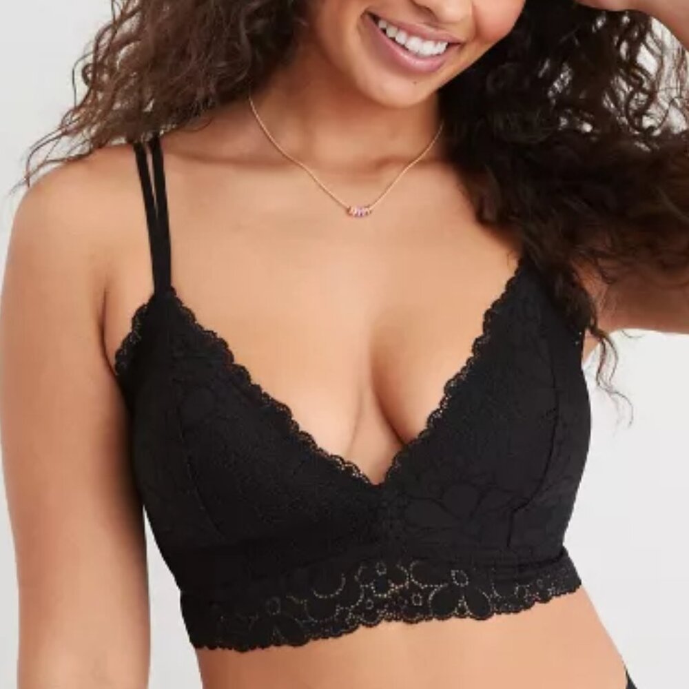 Aerie Real Happy Lightly Lined Candy Lace Bra Black 32A
